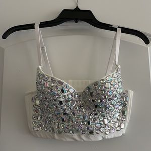 Size 34B bra top. White. Gems. Bling. Dance.